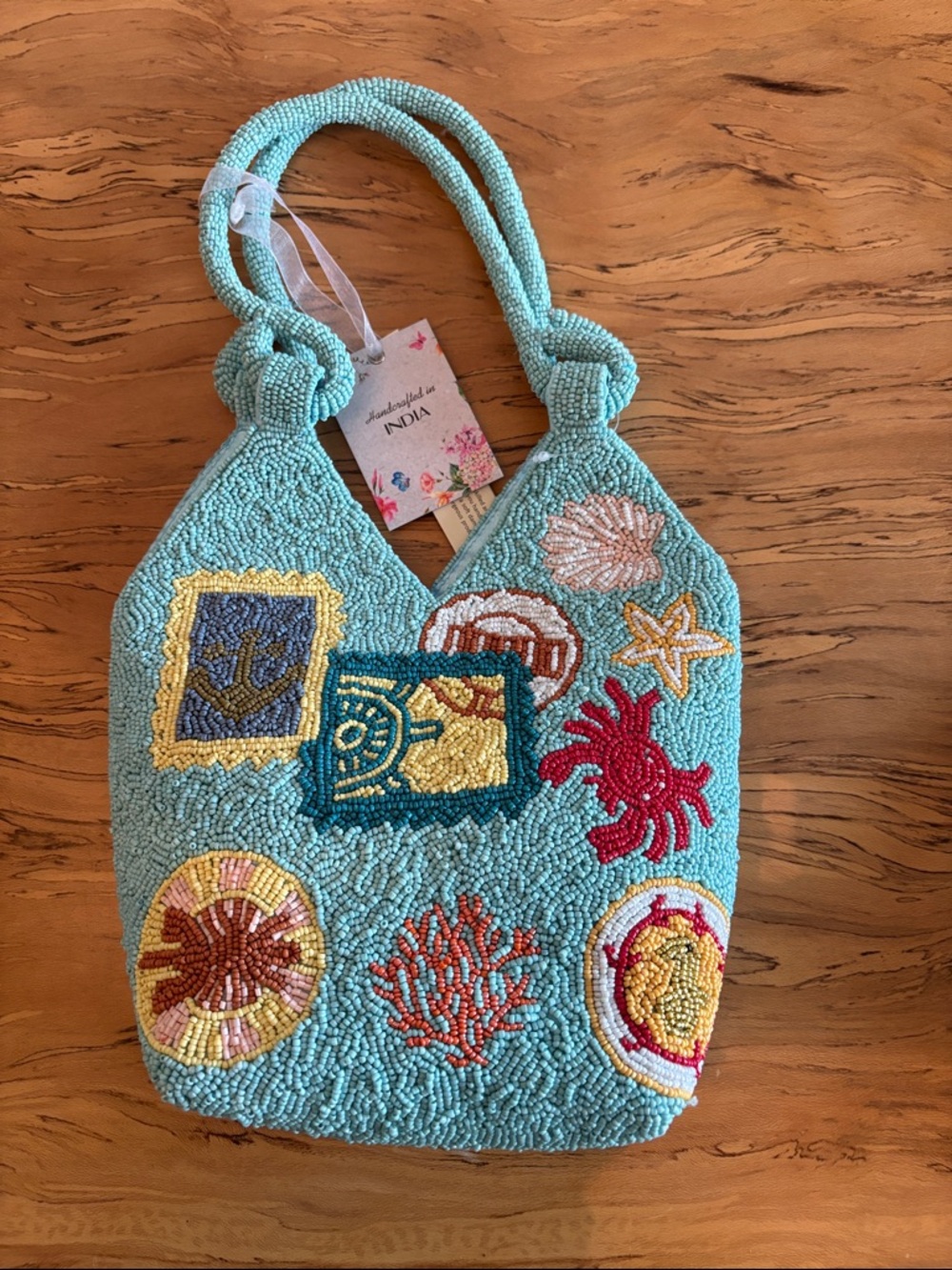 Viral Handcrafted Beaded Viral Sea Life Tote - Aqua with Multicolor Embroidery